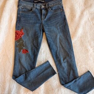 Express Women's Skinny Jeans - Blue with Red and Green Floral Embroidery